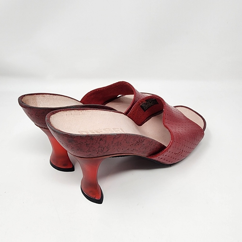 Diesel Love Cork Heel Women's 8.5 Slip Resistant Red Leather Dua Lipa